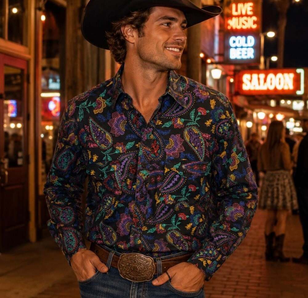 Vintage Wrangler Cowboy Cut 16½ 35 Black Paisley Floral Western Shirt USA